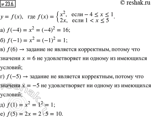 Изображение 23.6. Дана функция у = f(x), где f(x) = {x^2, если -4 ? x ? 1; 2x, если 1 < x ? 5}. Вычислите, если это возможно; объясните, в каком случае задание не является...