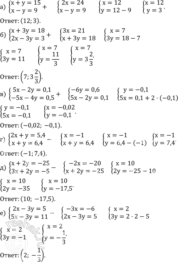 Изображение 636. Решите систему уравнений:а) {(x+y=15     x-y=9 б) {(x+3y=18    2x-3y=3  в) {(5x-2y=0,1     -5x-4y=0,5 г) {(2x+y=5,4    x+y=6,4  д) {(x+2y=-25   ...