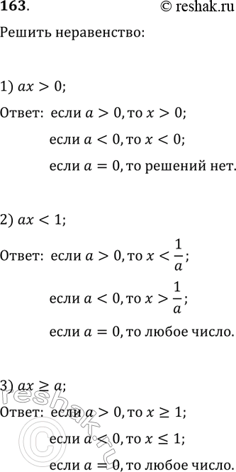 Изображение 163. Для каждого значения а решите неравенство:1) ах > 0;  2) aх < 1 ; 3) ах >= а;4) 2(х - а) < ах - 4; 5) (а - 2)х >= а^2 - 4;6) (а + 3)х...