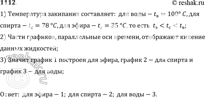 Изображение 1112.	На рисунке 275 даны графики нагревания и кипения жидкостей одинаковой массы: воды,  спирта и эфира. Определите,  какой график построен для воды,  какой — для...