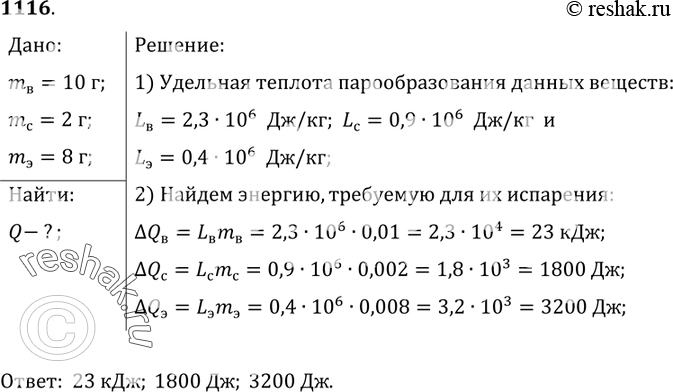 Изображение 1116.	Какое количество теплоты необходимо для обращения в пар воды массой 10 г,  спирта массой 2 г,  эфира массой 8 г,  если каждая жидкость нагрета до температуры...