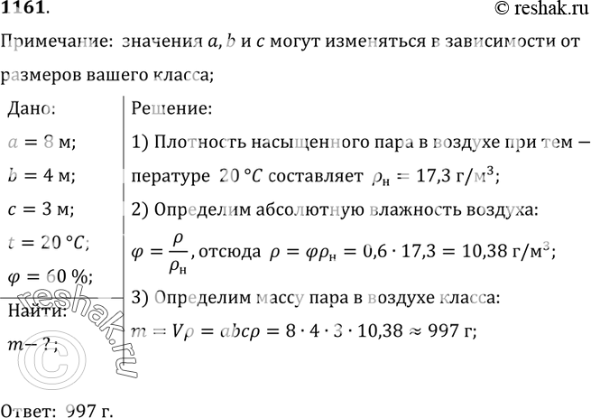 Изображение 1161.	Пользуясь таблицей 10,  определите,  сколько воды в виде пара содержится в воздухе вашего классного помещения при температуре 20 °С и относительной влажности...