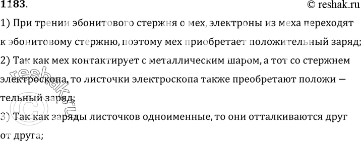 Изображение 1183.	На стержень электроскопа насажен полый металлический шар,  в который помещен эбонитовый стержень,  обернутый мехом. Стержень вынули,  а мех остался в шаре. Почему...