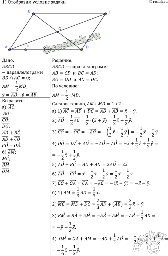 Изображение В параллелограмме ABCD диагонали пересекаются в точке О, а М — такая точка на стороне AD, что AM = MD. Выразите через векторы х = AD, у = АВ следующие векторы: а) АС,...