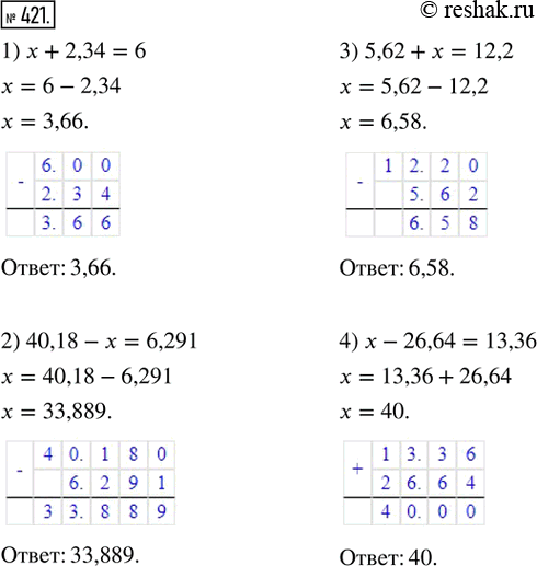 Изображение 421. Решите уравнение.1) x + 2,34 = 6;      2) 40,18 - x = 6,291; 3) 5,62 + x = 12,2;   4) x - 26,64 =...