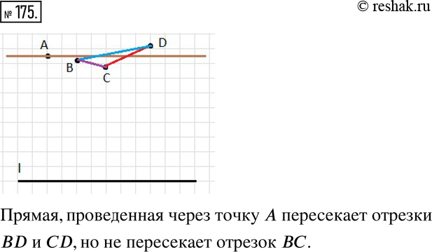 Изображение 175. Сделайте рисунок и ответьте на вопрос. По одну сторону от прямой l расположены точки А, В, С и D. Расстояния от этих точек до прямой соответственно равны 4 см 3 мм,...