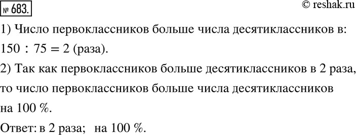 Изображение 683. В первых классах школы учится 150 ребят, а в десятых - 75. Во сколько раз число первоклассников больше числа десятиклассников? На сколько процентов число...