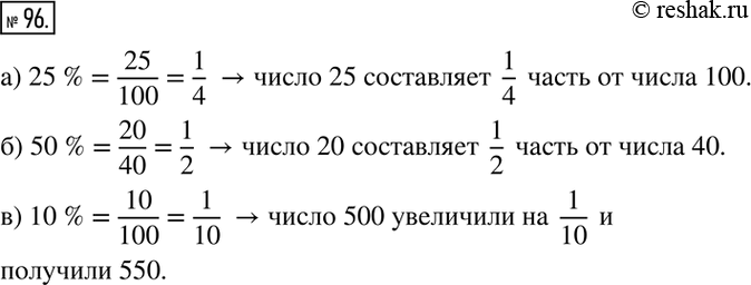 Изображение 96. Прочитайте предложение, запишите число процентов в виде дроби, прочитайте полученное предложение:а) Число 25 составляет 25% от 100.б) Число 20 составляет 50 % от...