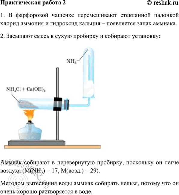 Изображение Практическая работа 2Получение аммиака и изучение его свойствОборудование и реактивы: лабораторный штатив с лапкой, спиртовка, две сухие пробирки, газоотводная...